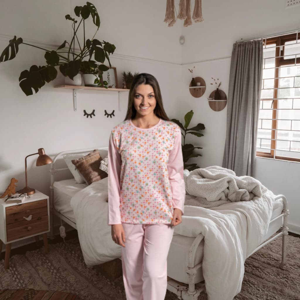 Pijama de Inverno Longo Feminino de Algodão Blusa Estampada Calça Lisa