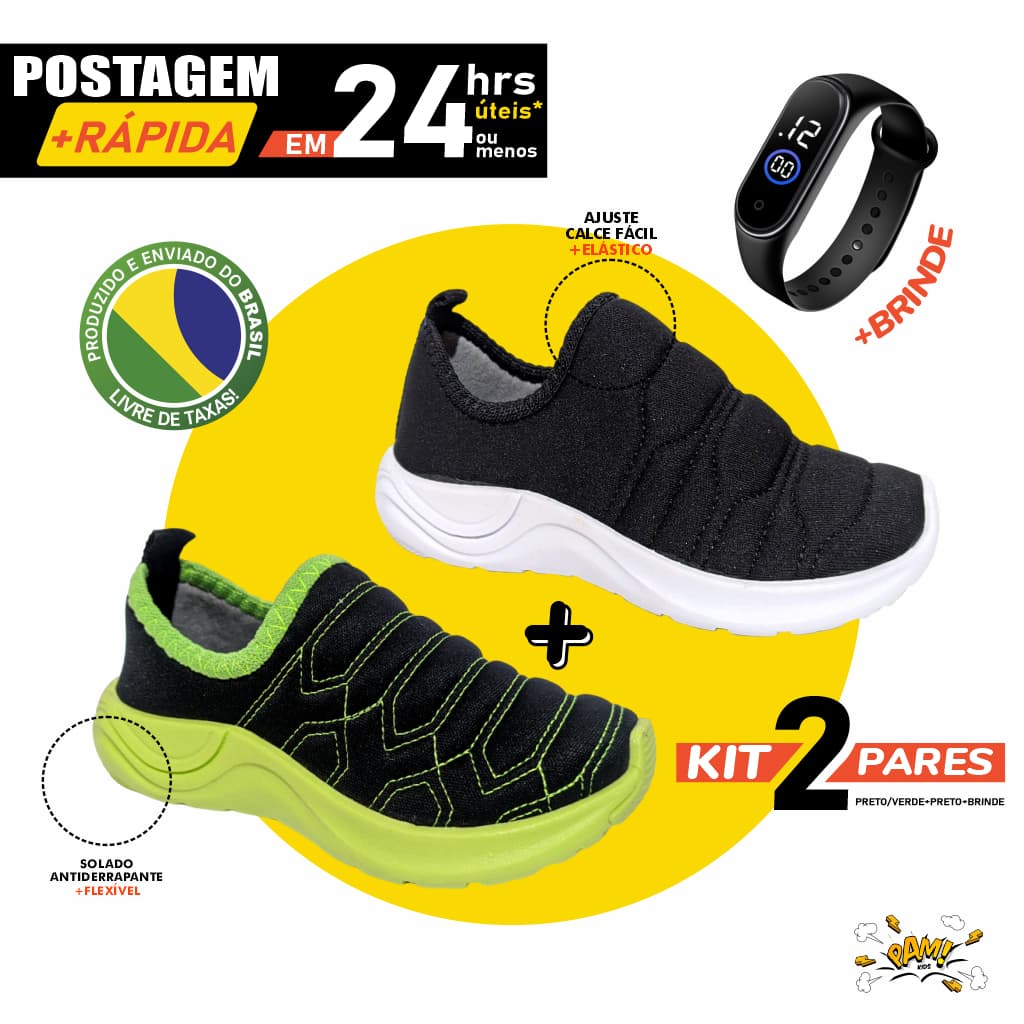 Kit 2 Pares Menino Infantil Tênis Preto/Verde Tênis bordado Confortável Infantil pronta entrega