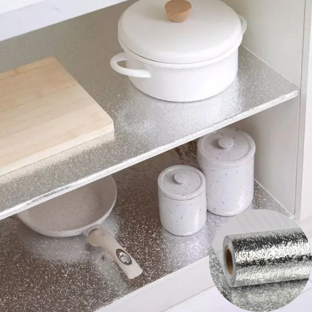 Forro Impermeável Manta Adesivo Rolo Metálico 2mx40cm para Armários Gavetas Balcão Pia Cozinha Lavável