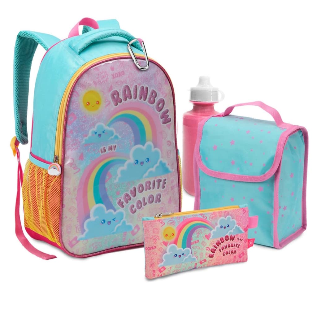 kIT COM 5  PEÇAS MOCHILA+LANCHEIRA+ESTOJO+GARRAFINHA +MOSQUETÃO