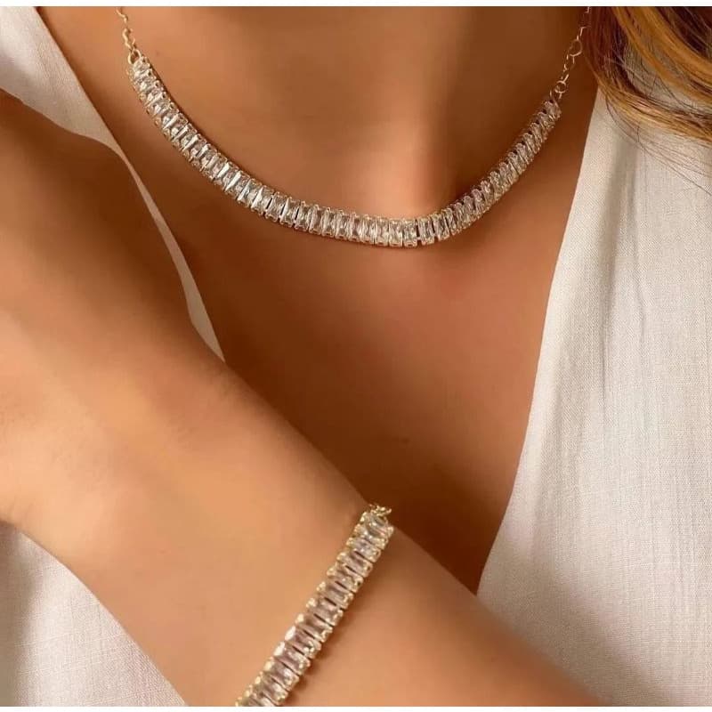2 Peças Conjunto Riviera Colar e Pulseira Feminina Zircônia Folheado a Ouro Acessórios Femininos