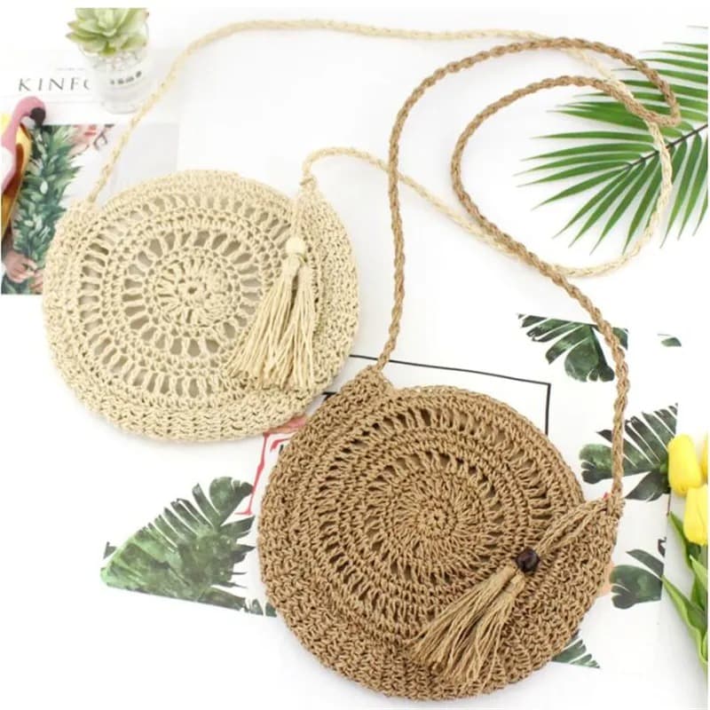 Bolsa Palha Sintética Alça Longa Transversal Mandala Espiral Artesanal