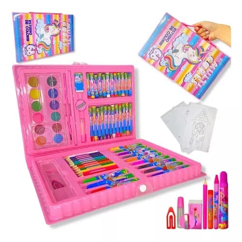 Estojo Maleta Escolar 68 Pçs Cor Rosa C/ Canetinha E Lapis Desenho e Pintura
