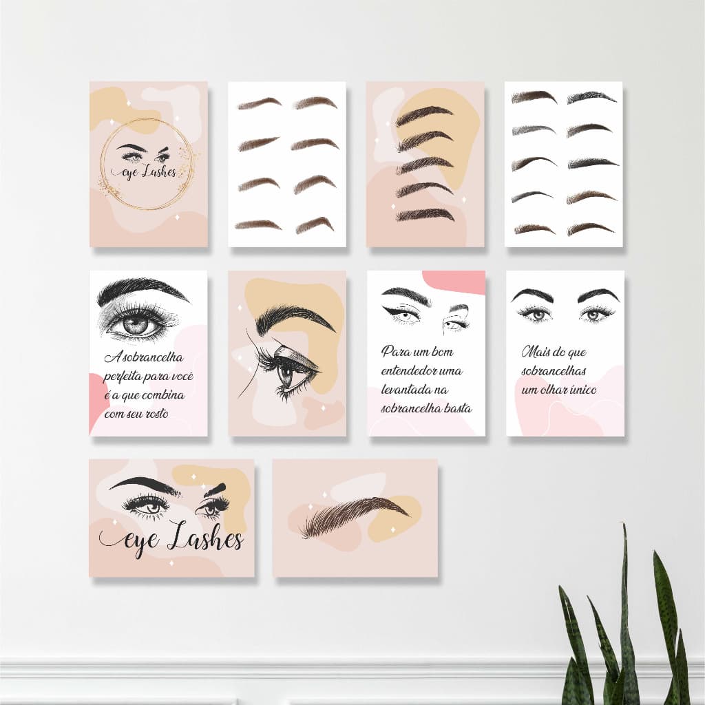 Kit 10 Placas Quadros Decorativos 28x20cm Design Sobrancelha Studio Cilios Lash Lifting Salão Beleza Q212