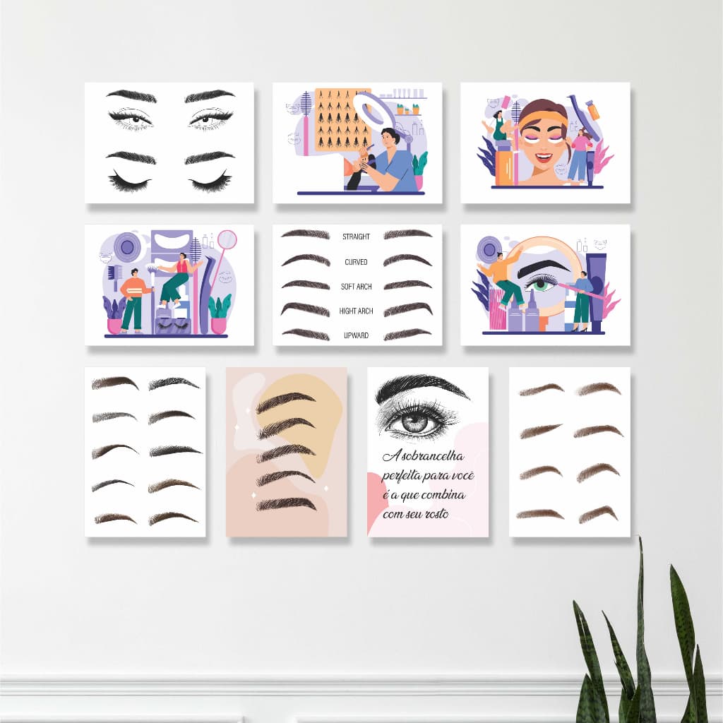 Kit 10 Placas Quadros Decorativos 28x20cm Design Sobrancelha Studio Cilios Lash Lifting Salão Beleza Q213