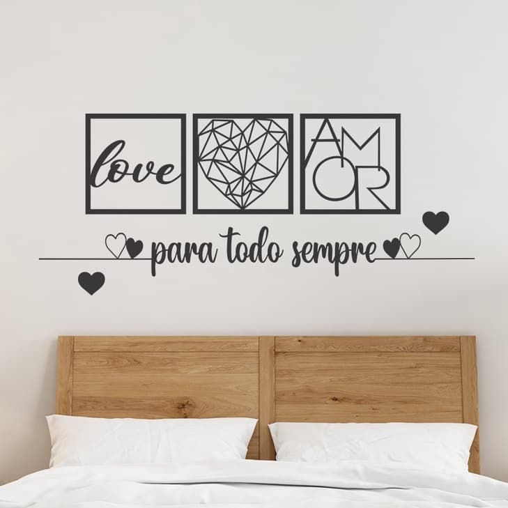 KIT 3 Quadros Para todo Sempre, Love Coração Geométrico Amor + 2 Apliques de Coração Frase Parede