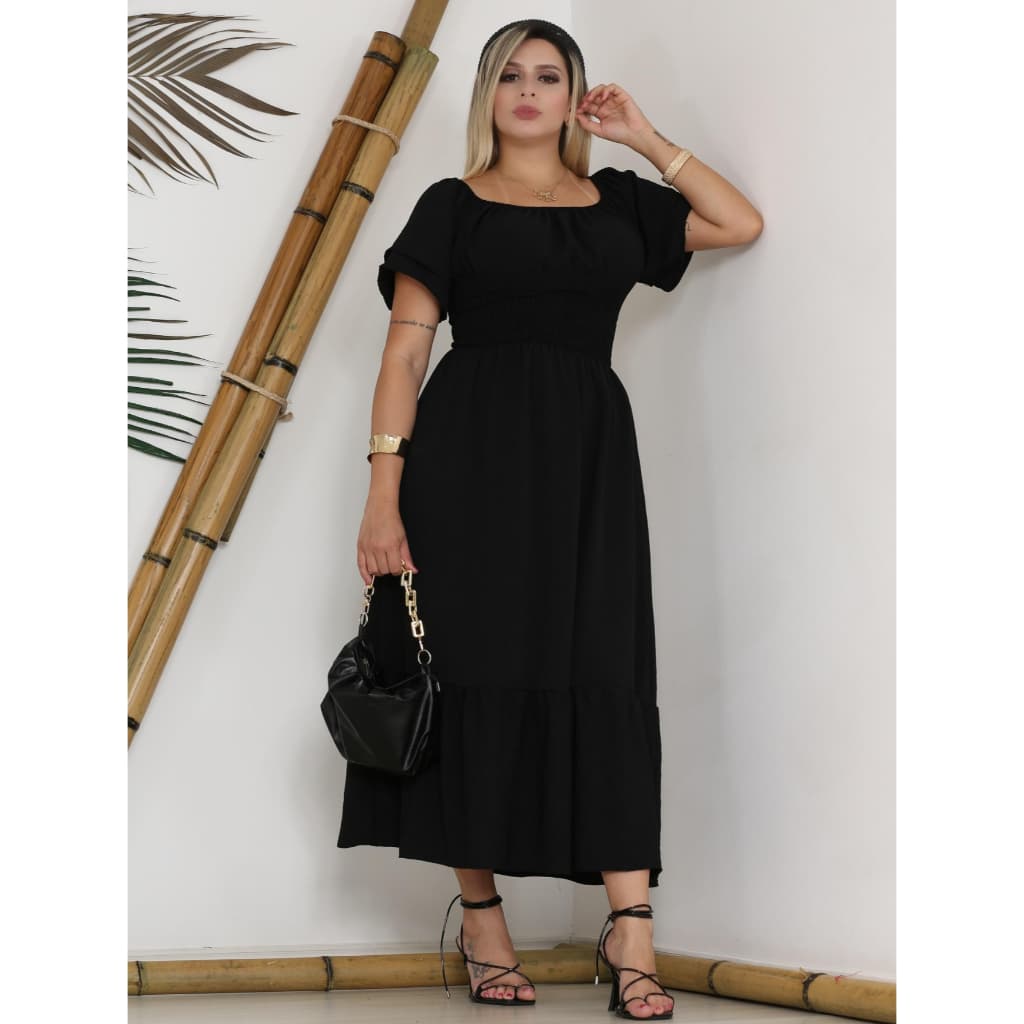 VESTIDO LASTEX DUNA MIDI TRES MARIAS CIGANINHA OMBRO A OMBRO MANGA CURTA
