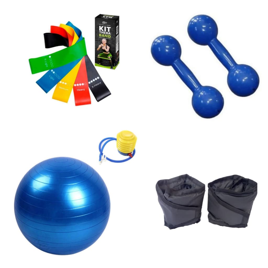 Kit Fisioterapia Bola Pilates 55cm + Halter 1kg + Caneleira 1kg + Kit Mini Band
