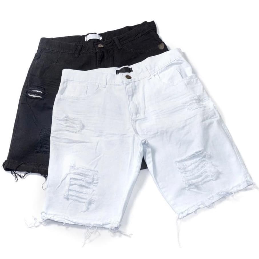 Bermuda Jeans Masculino Preto e Branco Rasgada Desfiada Envio Imediato