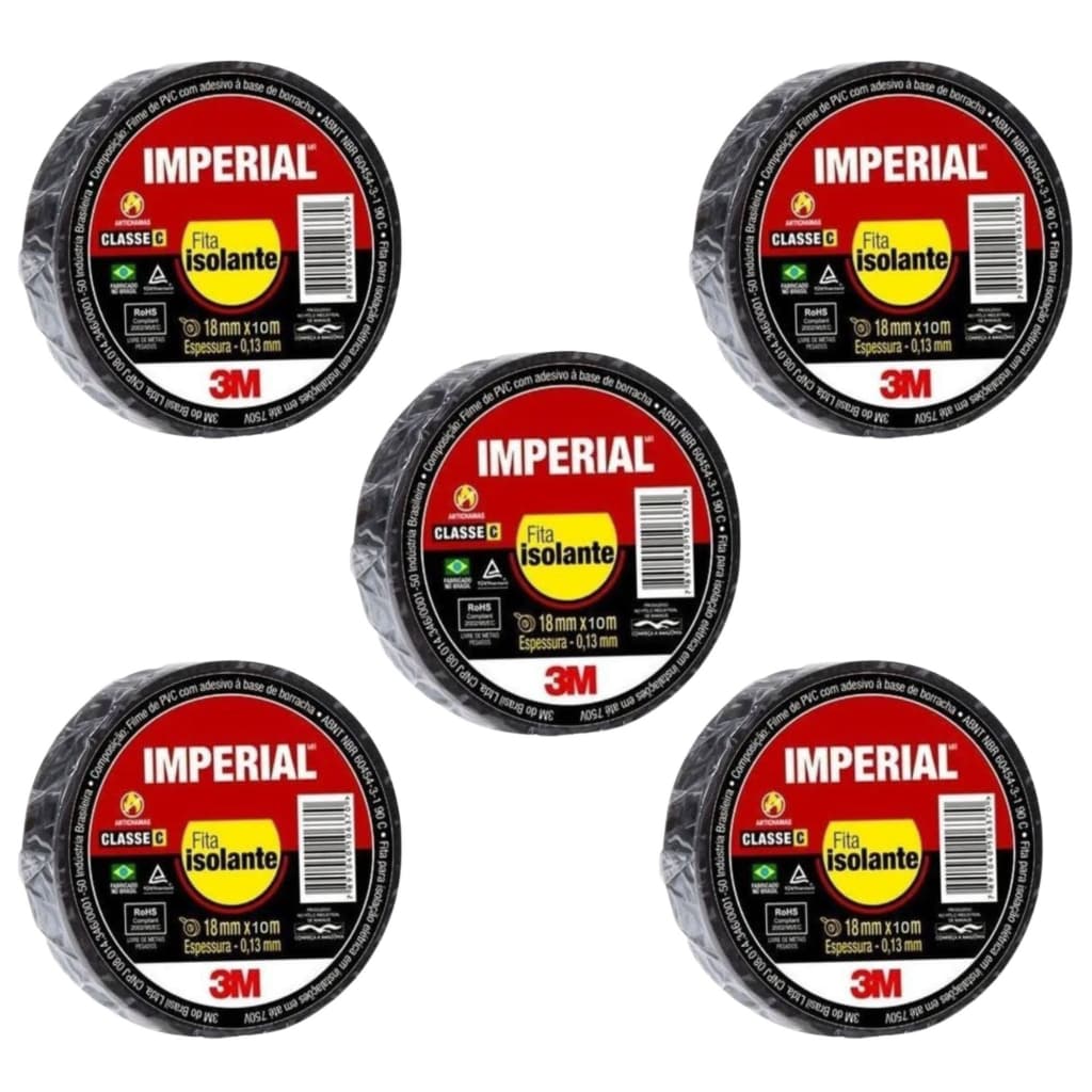 Kit 5 Unidades Fita Isolante 10 Metros Imperial 3M 18mm 750V Fita Super Flexível Alta Durabilidade