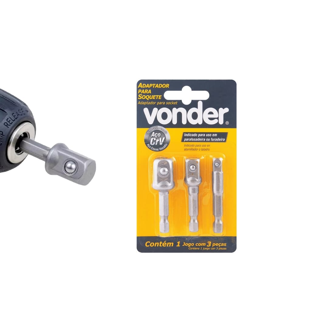 Adaptadores de Soquete para Parafusadeira e Furadeira: Conectores 1/4", 3/8" e 1/2" - VONDER
