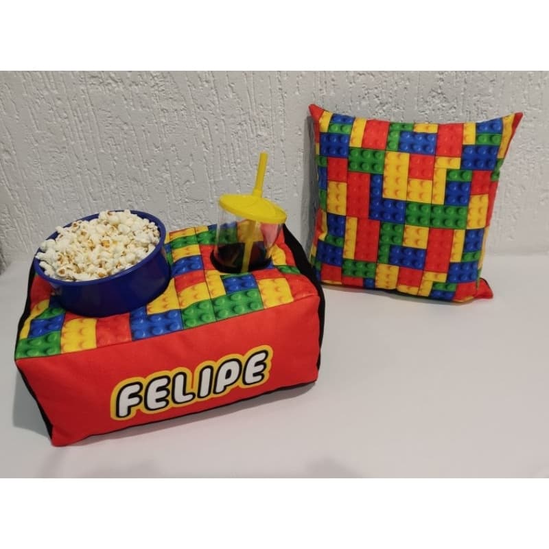 Almofada de Pipoca Kit Cinema  com Nome + Almofada Lego Colorida