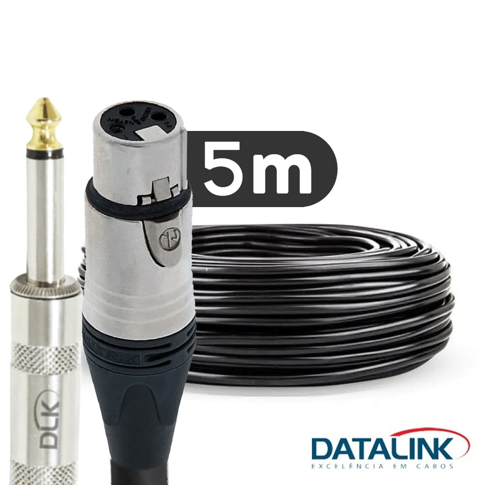 5 Metros Cabo P10/XLR - Cabo Profissional Montado Datalink P10 Mono, XLR Fêmea