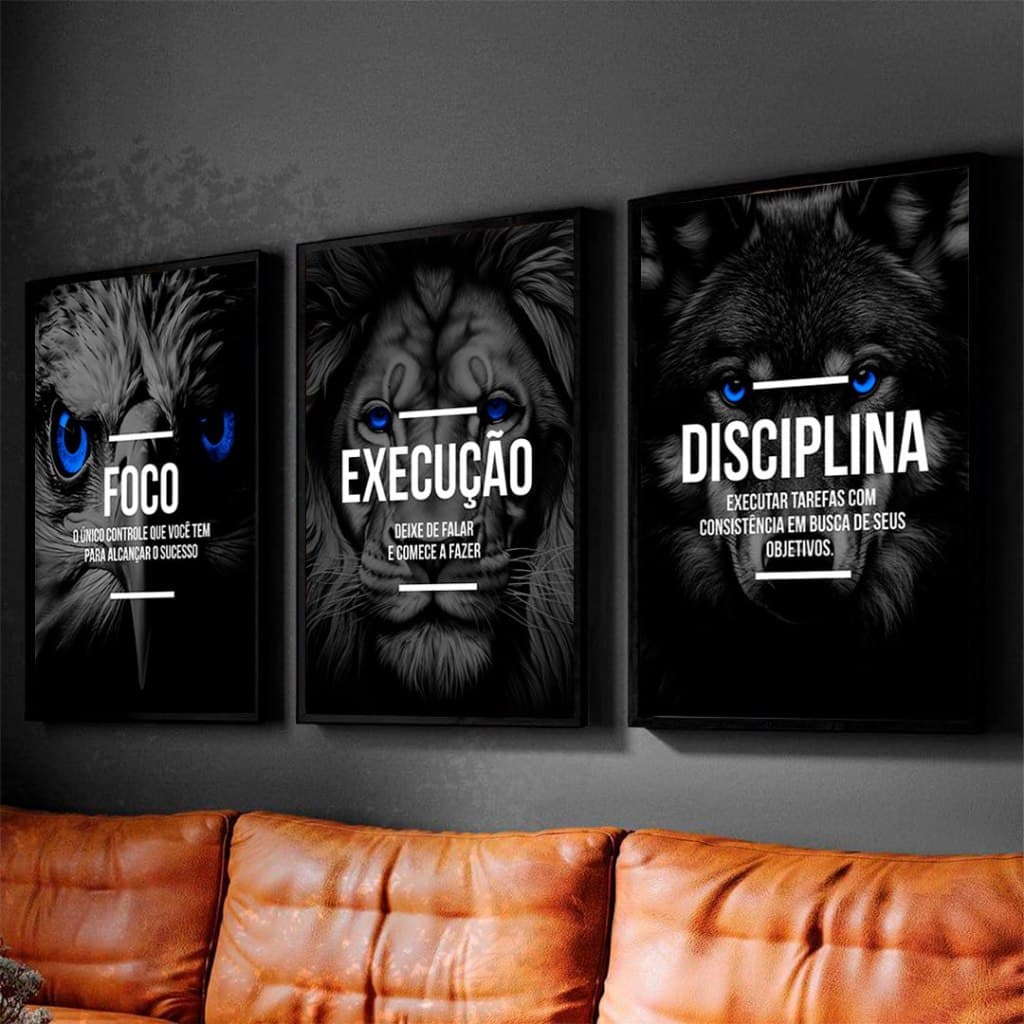 Quadro Decorativo Leão Sucesso Aguia Foco Disciplina Lobo Frase Determinação