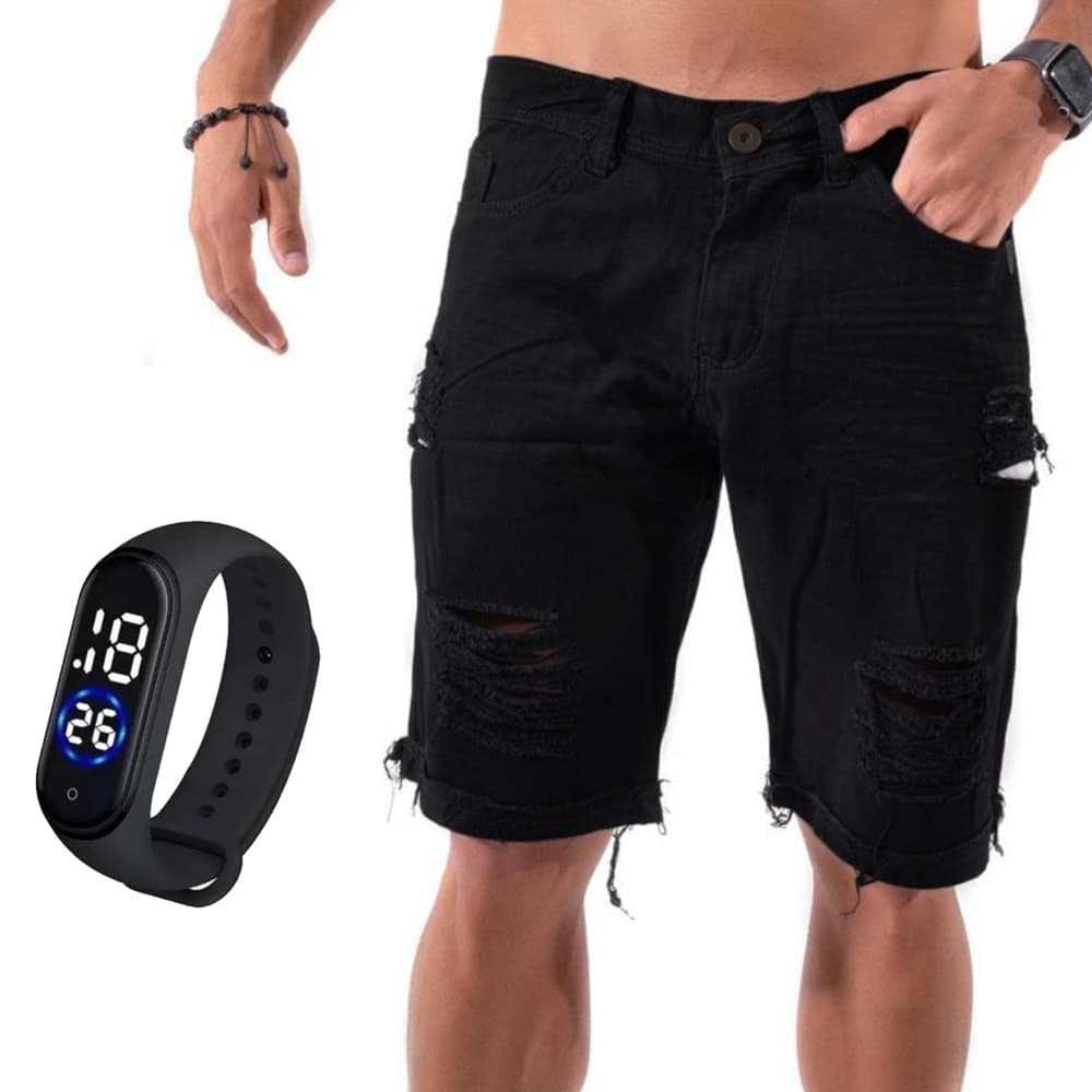 Short Jeans Preto Masculino Rasgado Desfiado Bermuda Masculina Jeans + Relógio Esportivo A Prova D'Água