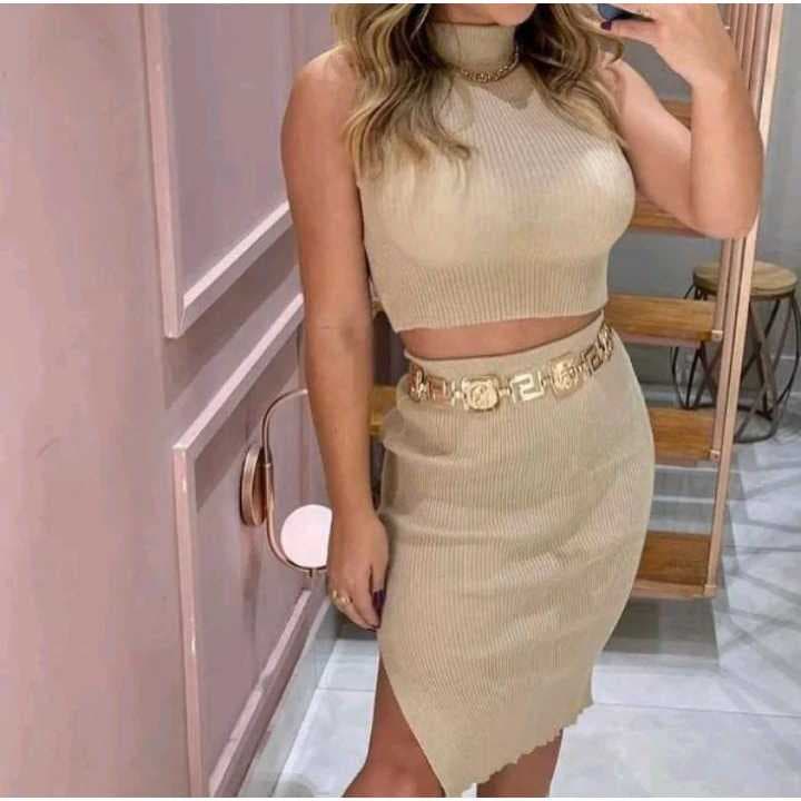 Conjunto Tricot Modal / Cropped com Saia Midi / Tricô / Gola Alta / Tendência / Envio 24Hrs