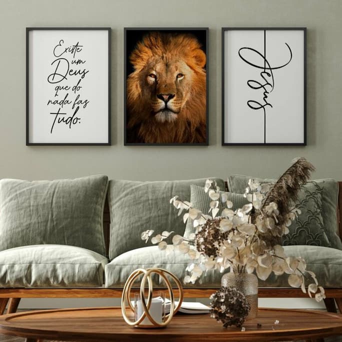 Quadro 3 Peças Leão de Judá Jesus Decoração Sala Existe Um Deus Que Do Nada Faz Tudo
