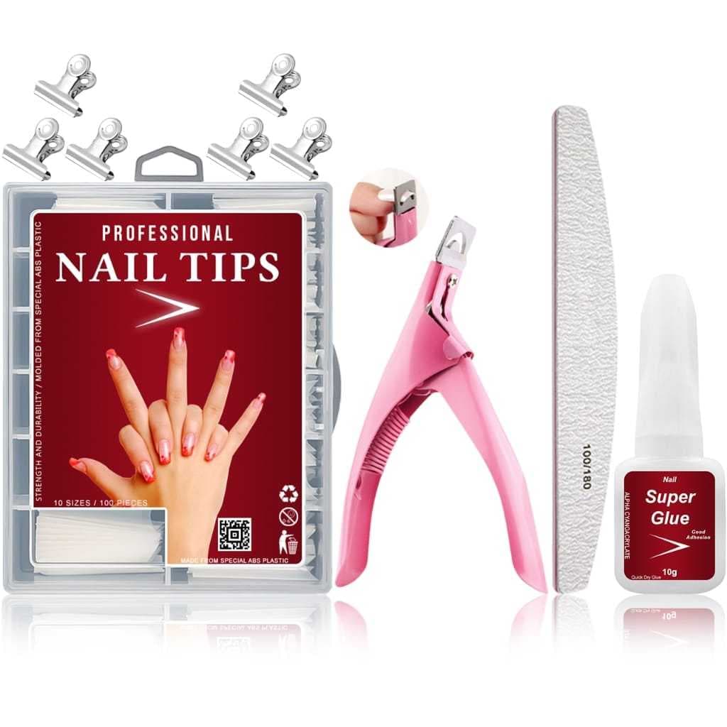 Kit Alongamento De Unhas + Alicate Cortador De Tips + Cola Pincel + Lixa Bumerangue + 100 Unha Tips