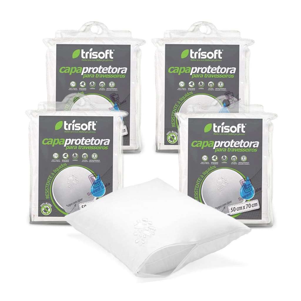 Kit com 4 Capa Protetora de Travesseiro Impermeável com Zíper Anti-ácaro Silenciosa Não faz Barulho Trisoft Macia