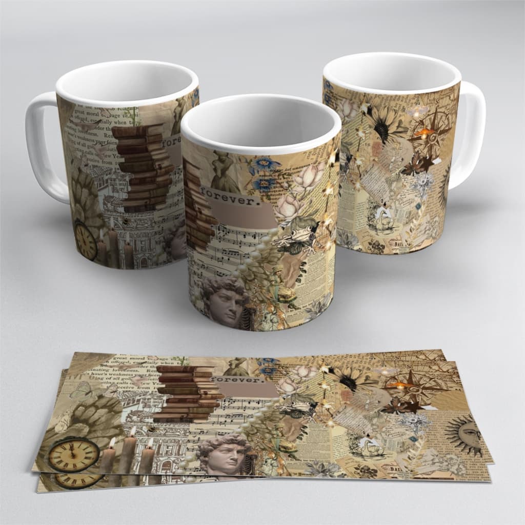 CANECAS ARTES RECORTE DE JORNAL, XÍCARAS PERSONALIZADAS COM DECORAÇÃO DE RECORTES, ESTAMPAS LINDAS, CANECA COM COLHER, CANECA DE PORCELADA