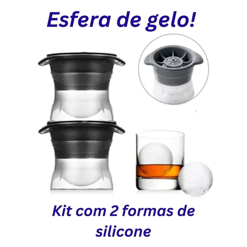 Kit 2 Formas Esféricas de Gelo Grande Molde Redondo de Silicone Drinks e Bebidas