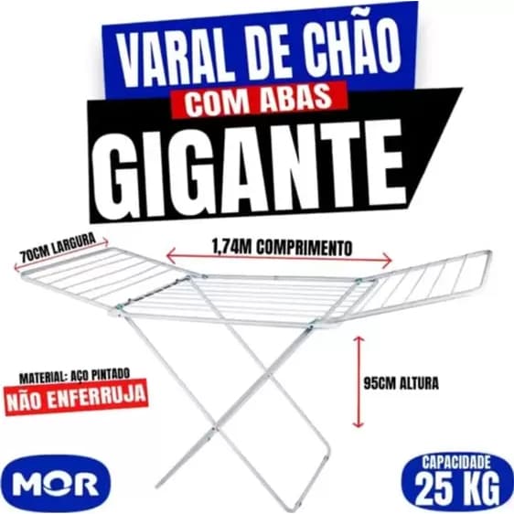 Varal Gigante Para Roupa De Chão Com Abas Maxi Retrátil Dobrável Mor