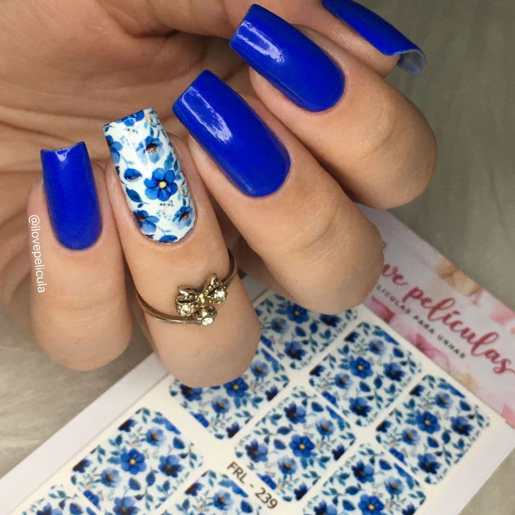 Película de unha floral azuis cartela com 12 adesivos FRL - 239 Adesivos,películas,unhas,nails art,unhas decoradas