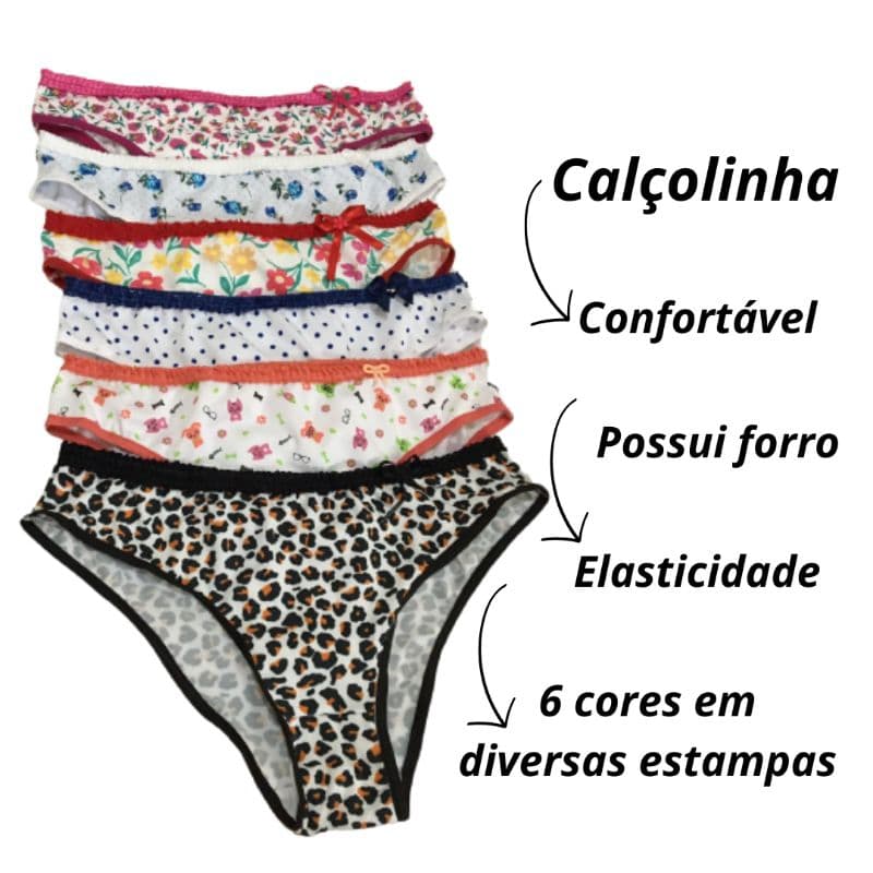 Kit com 10 Calcinhas Femininas Com Cós Alto Estampado Calçola De Romantic Confortável