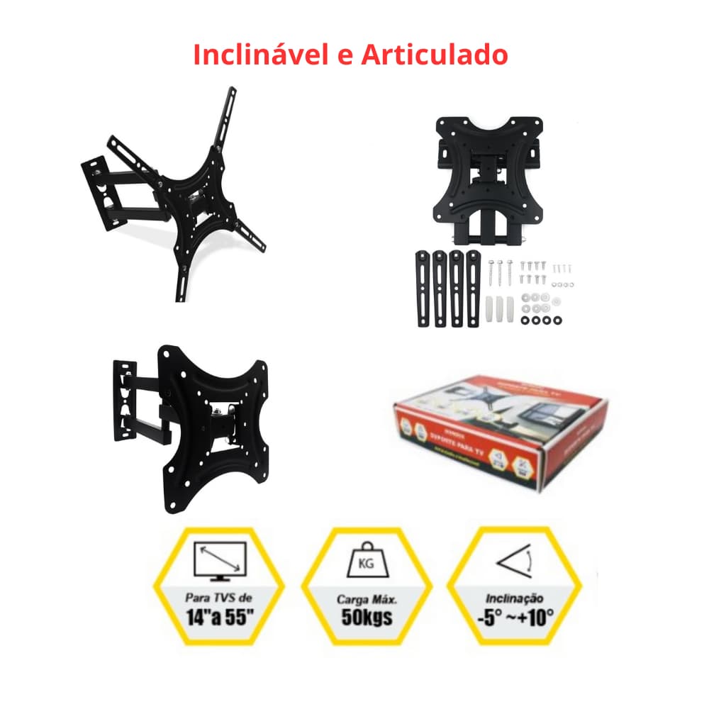 Suporte Articulado Inclinável Para Tv / Monitor De 14 A 55 Polegadas Universal Até 50 kgs