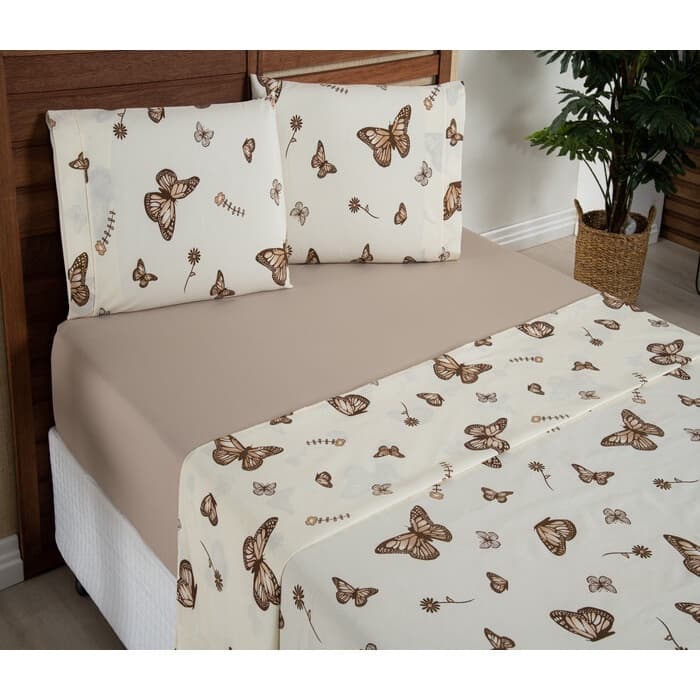 Jogo de Cama Lençol 4 Peças Estampa Borboleta Queen 100% Algodão Enxoval