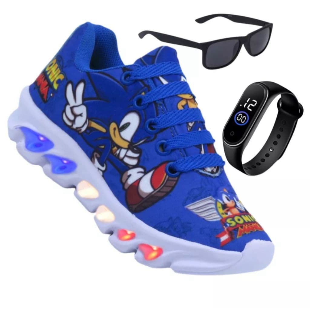 Kit Tenis Infantil De Led Masculino Sonic Relogio + Oculos