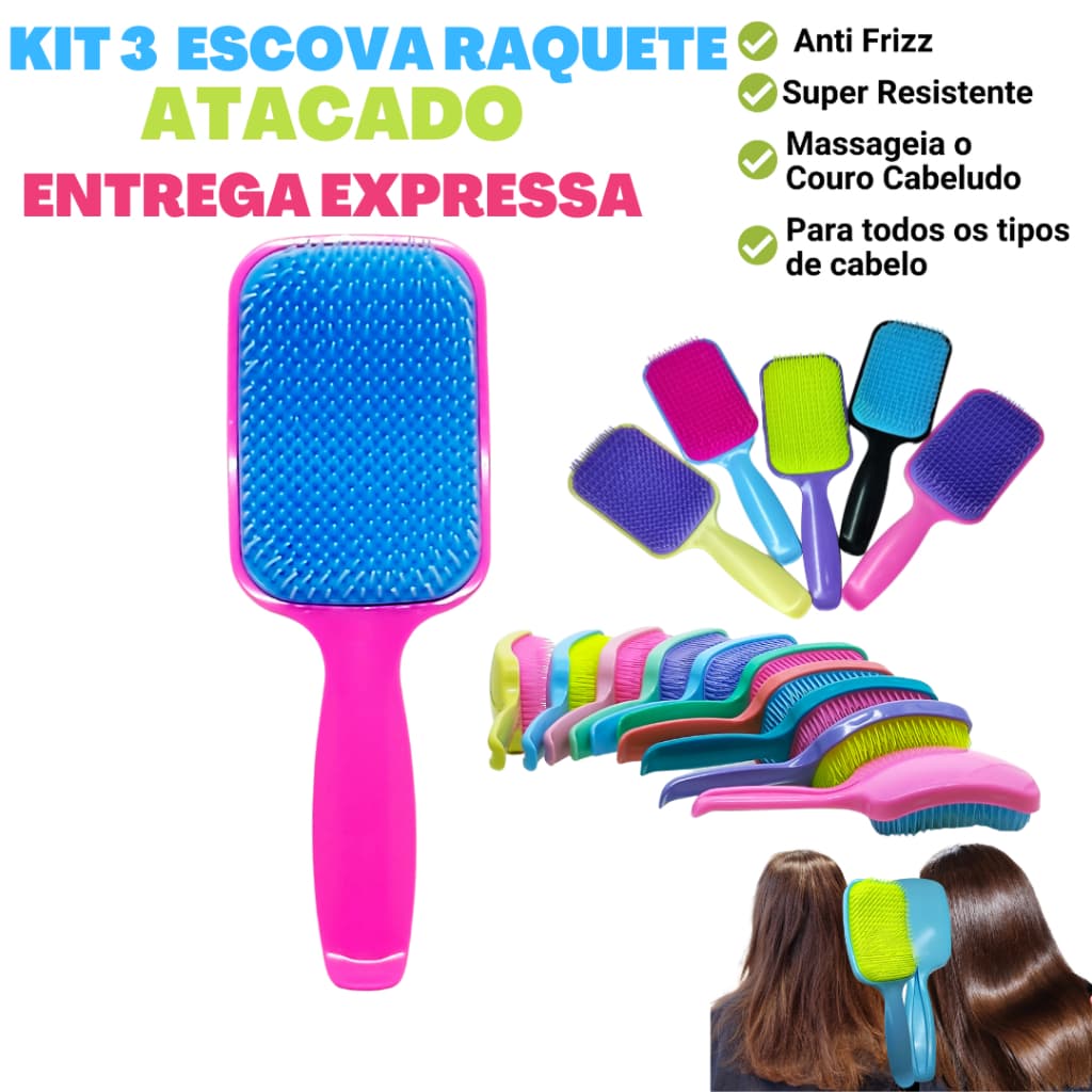 Kit Com 3 Escovas RAQUETE Flex Premium Profissional Material Importado
