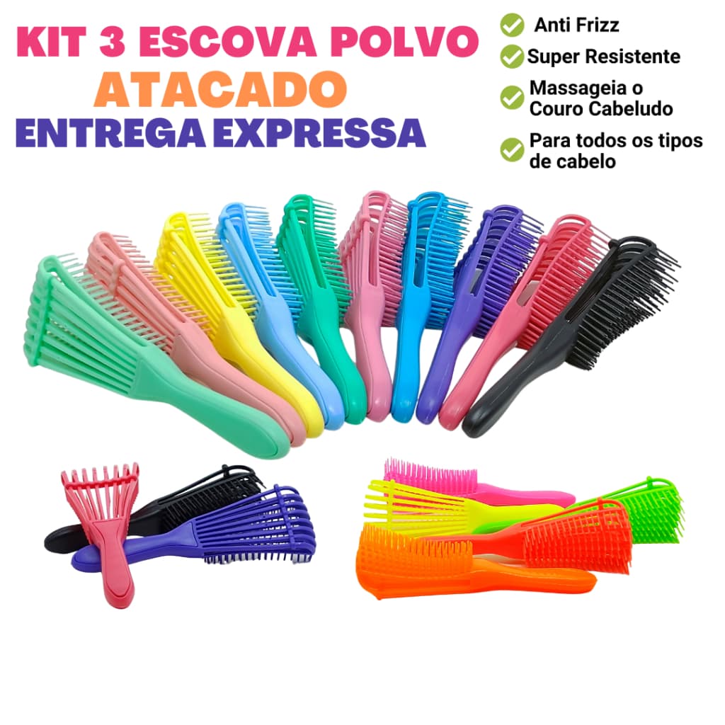 Kit 3 Escovas Polvo para Cabelos Cacheados