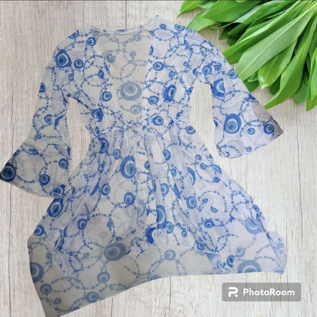 Saia curta de praia estampada tule arrastão babados kimono cardigã chique vestido floral de verão