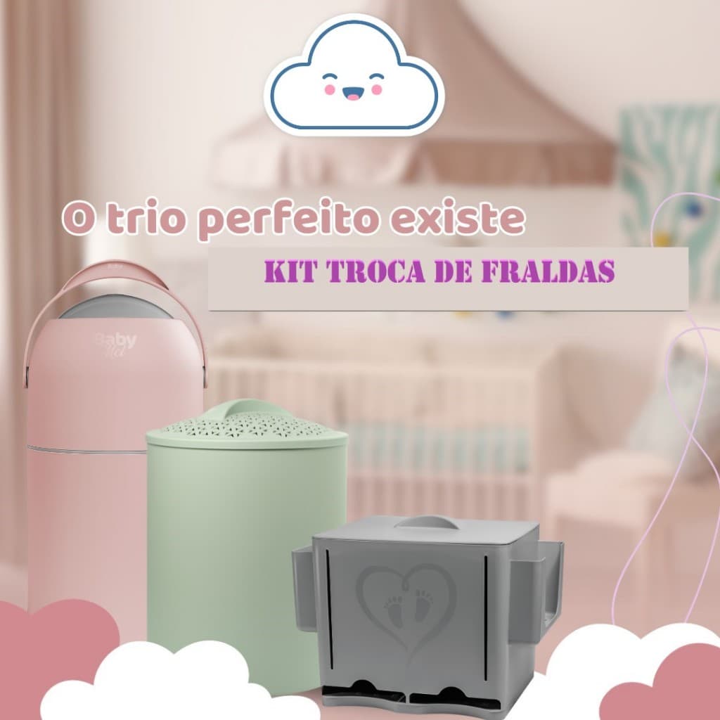 kit 3 itens enxoval lixeira antiodor porta fralda cesto de roupa bebe