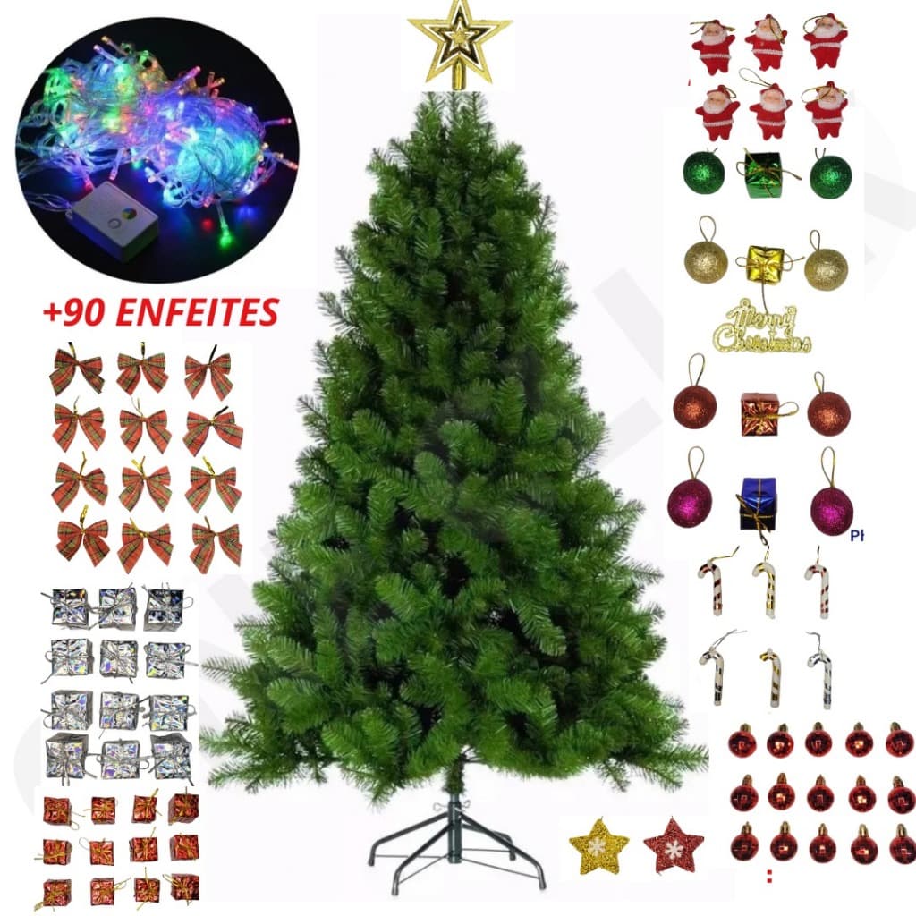 Kit Arvore de Natal 120cm 150cm 180cm 210cm Cheia + Acessórios Pisca Pisca Enfeites