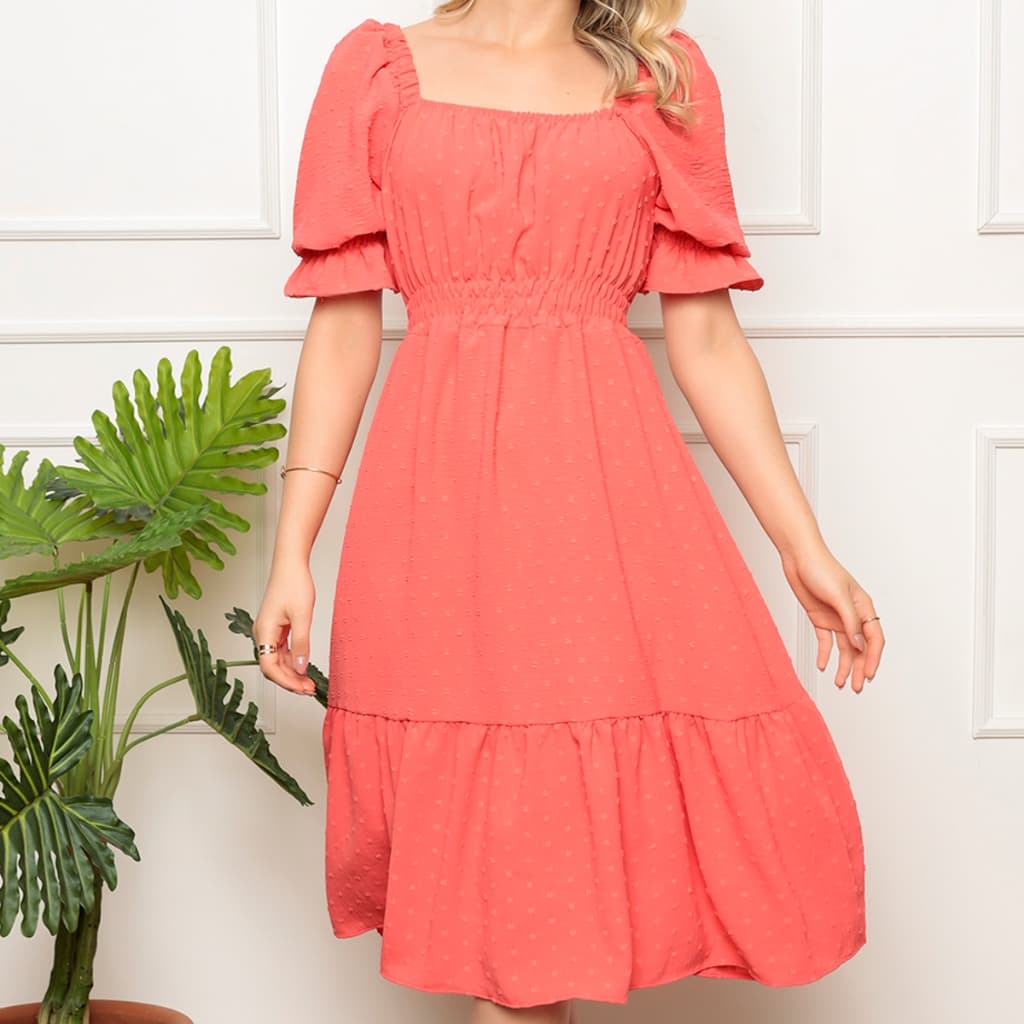 Promoção Vestido Feminino | Duna Pipoca com Elastec  l Ombro à Ombro l Sem Forro