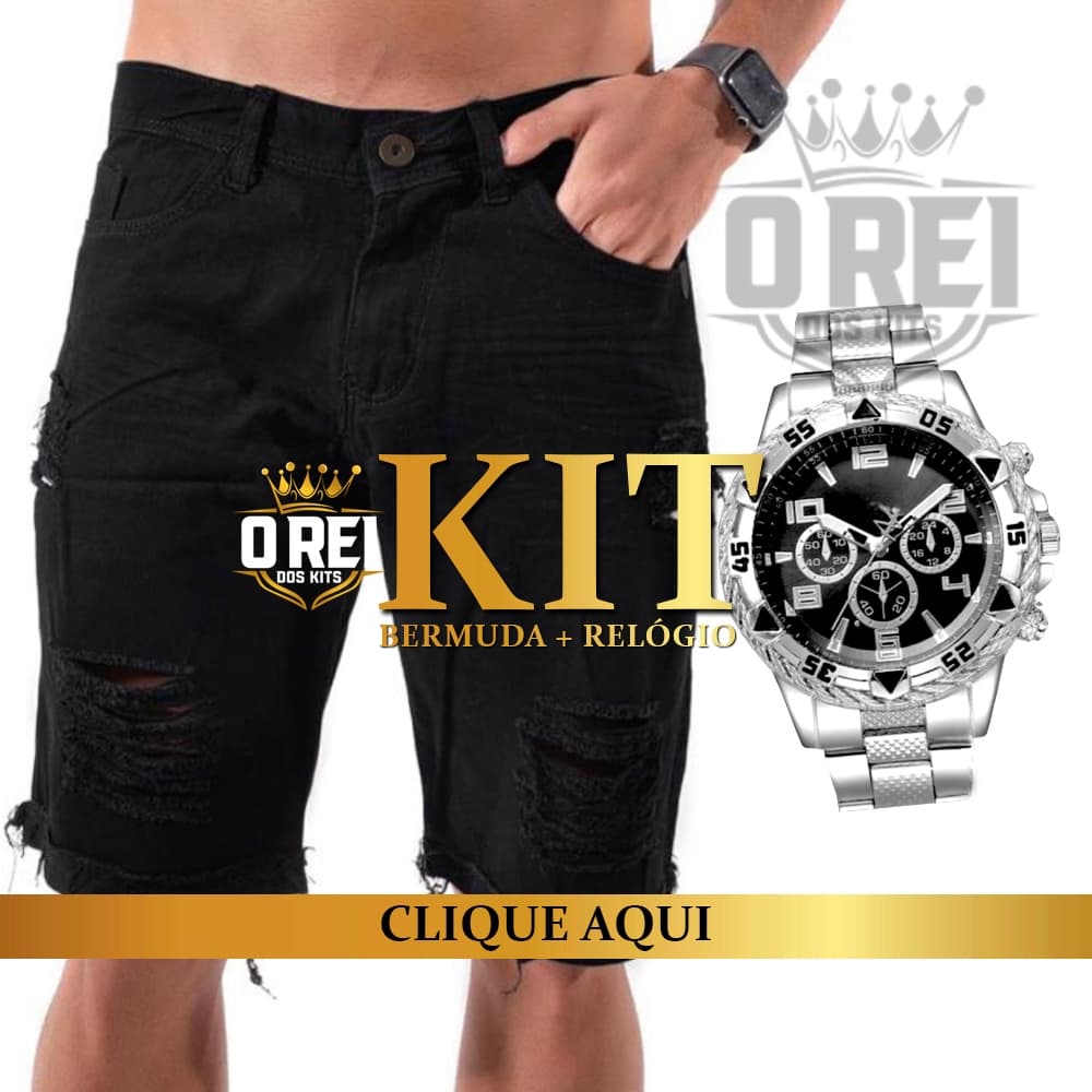 Kit Masculino Bermuda Jeans Masculina Rasgada + Relógio Prata Masculino Aço Inox