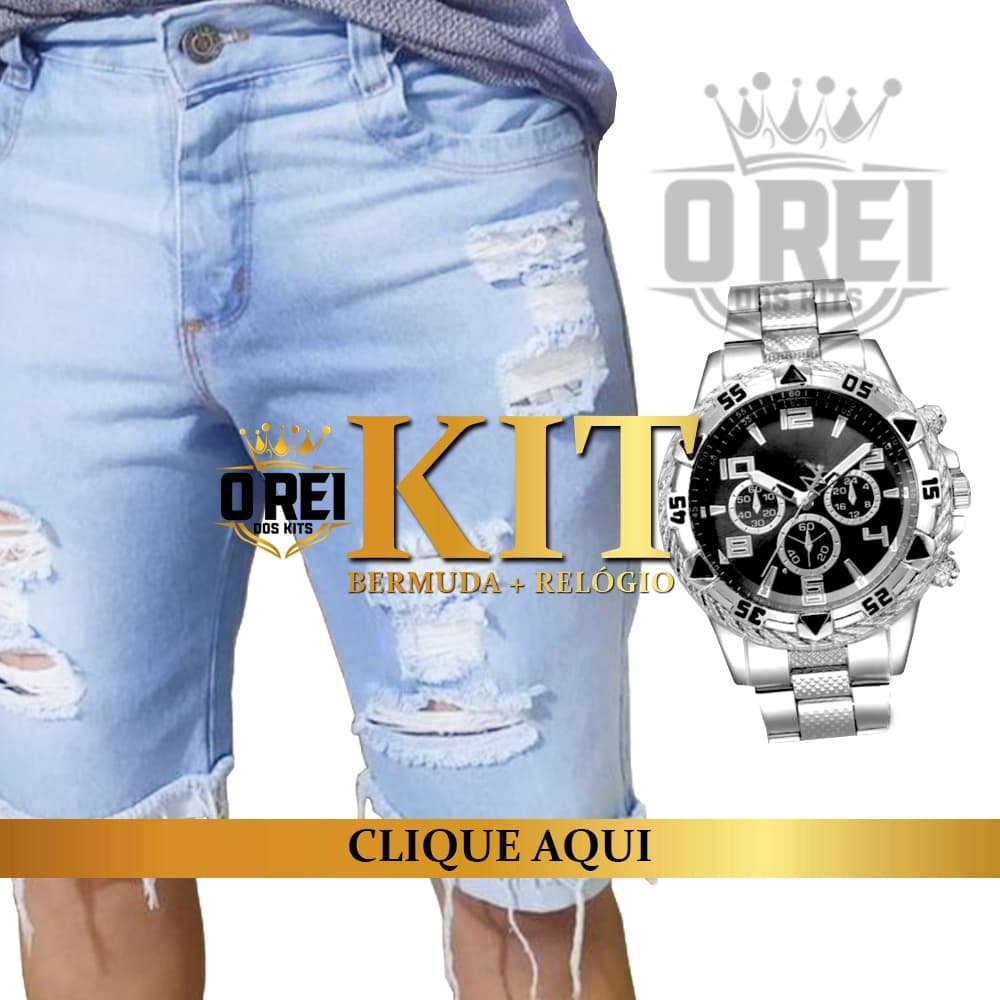 Conjunto Masculino Presente Para Homem Bermuda Jeans Rasgada da Moda + Relógio Aço Inox Prata Bonito