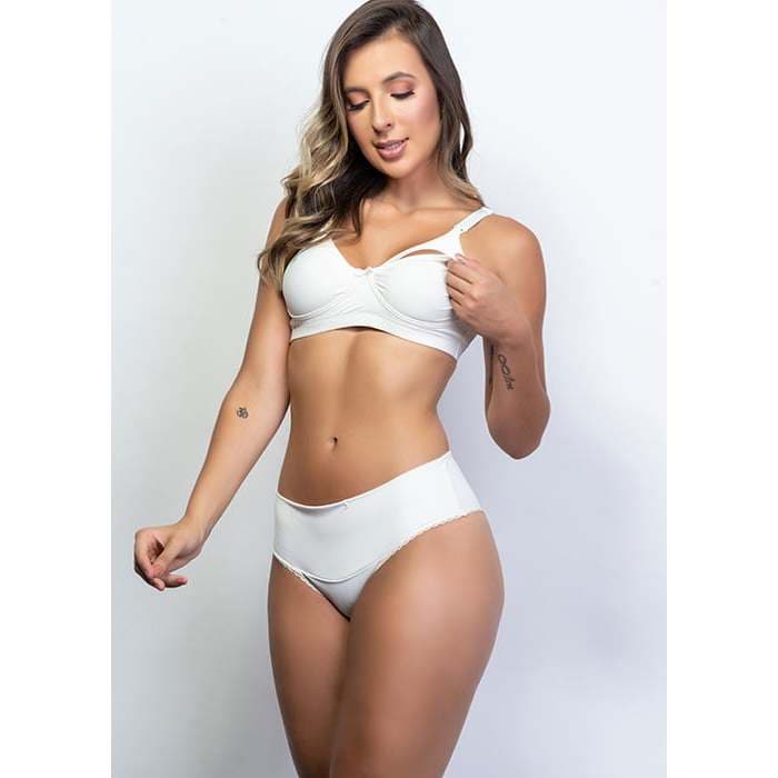 Kit Conjunto (Sutiã de Amamentação +Calcinha Cós Alto Pós Parto) Feminino Confortável Gestante Maternidade Sutian Algodão 066+230
