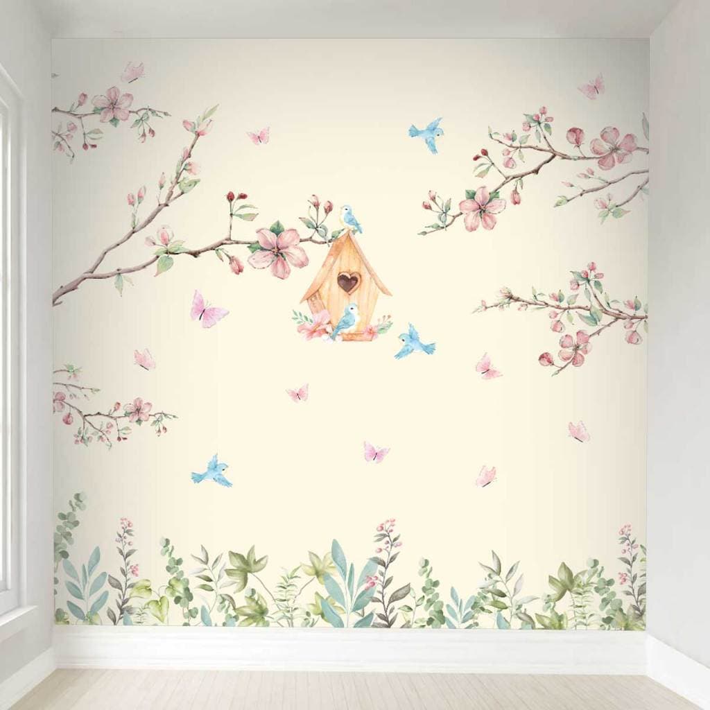 Papel de Parede Infantil - Adesivo de Parede - Jardim Encantado Galhos Flores Bege - Sob Medida