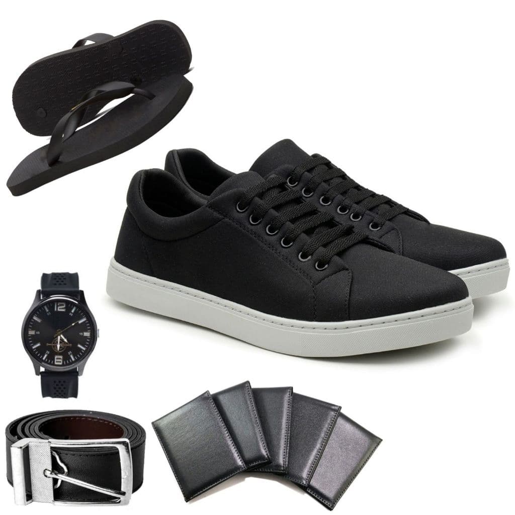 Kit Tenis Casual Dia a Dia Puro Luxo com Chinelo Cinto Carteira e Relogio