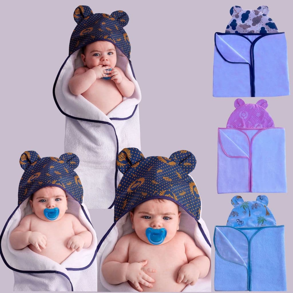 Toalha de Banho  Bebe Dupla Face Forrada com Fralda Bebê Luxo Com Capuz 100% Algodão Varias Estampas