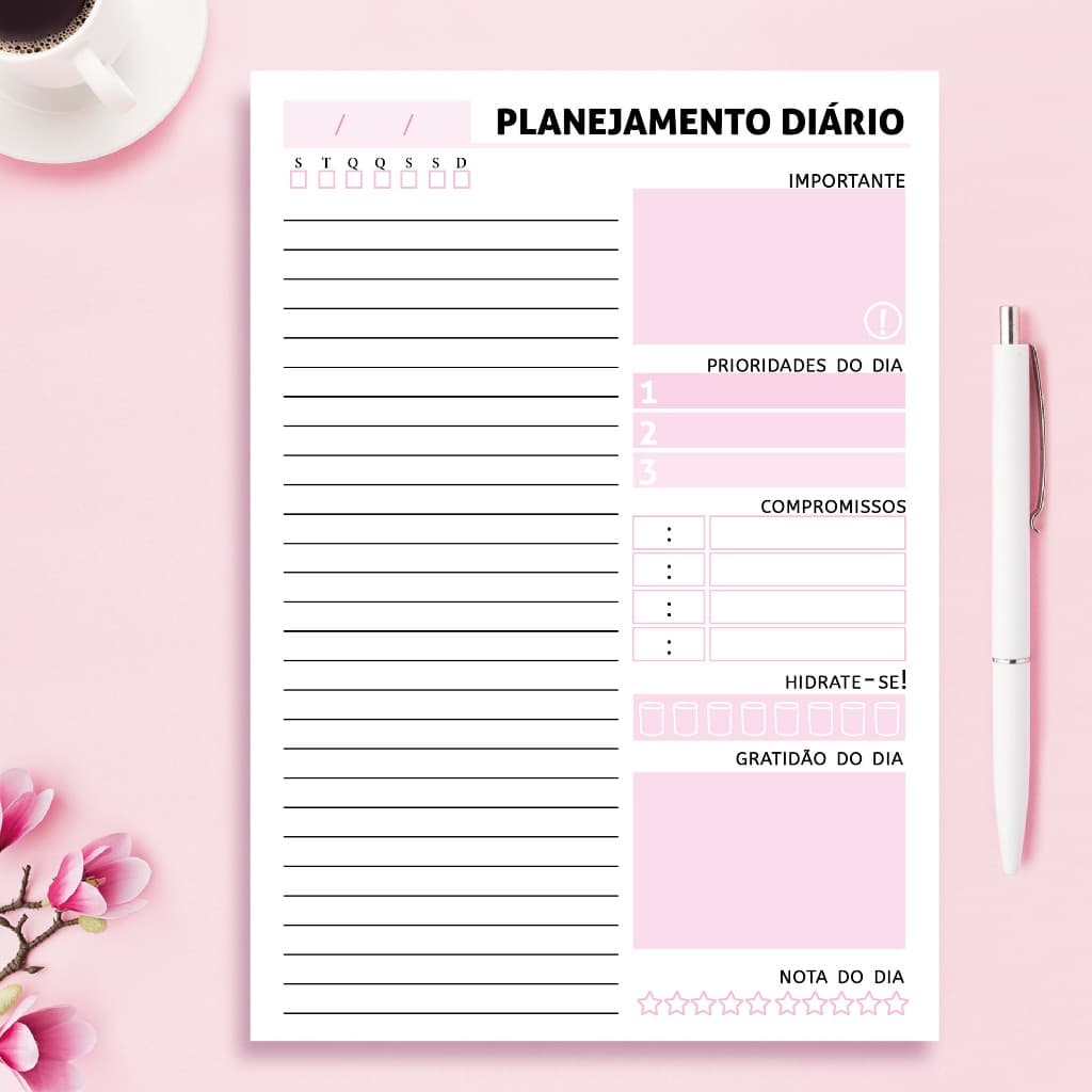 Bloco destacável de planejamento diário rosa - para auxiliar no planejamento e organização dos seus dias