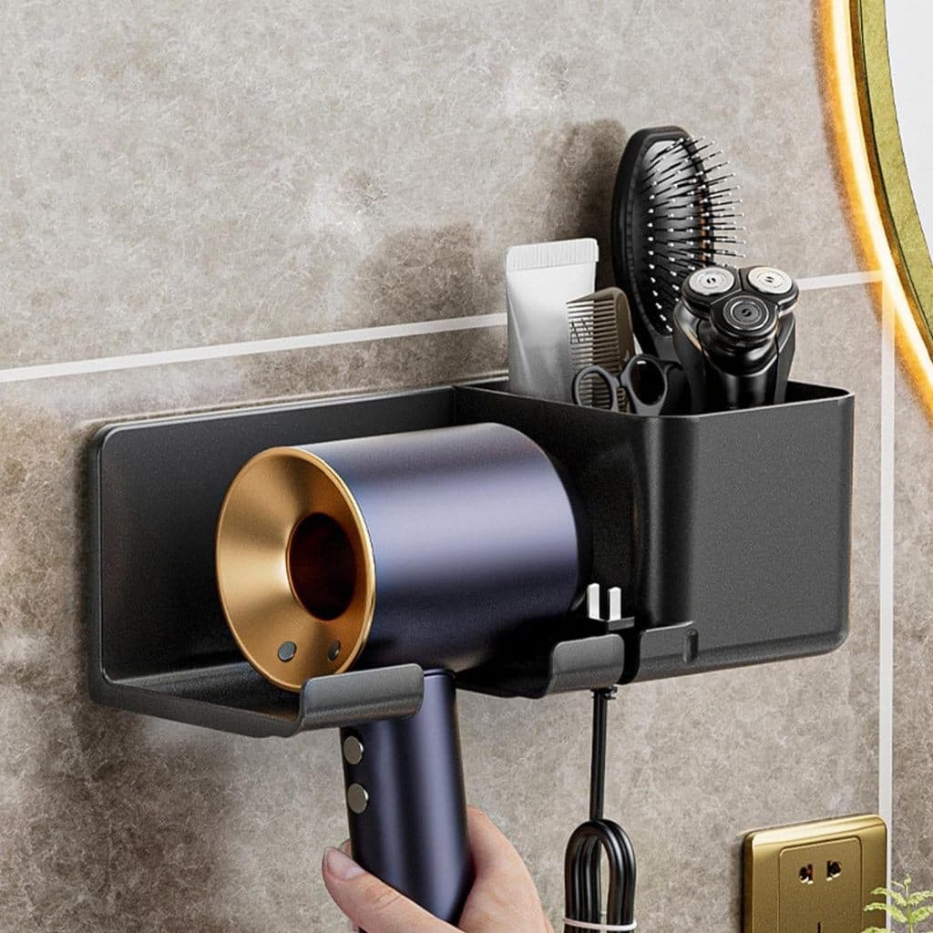 Suporte para secador de cabelo de banheiro, suporte para secador de cabelo, multifuncional, sem perfuração, suporte de armazenamento montado na parede, organizador de ferramentas de cabelo para banheiro de barbeiro, preto Upgrage
