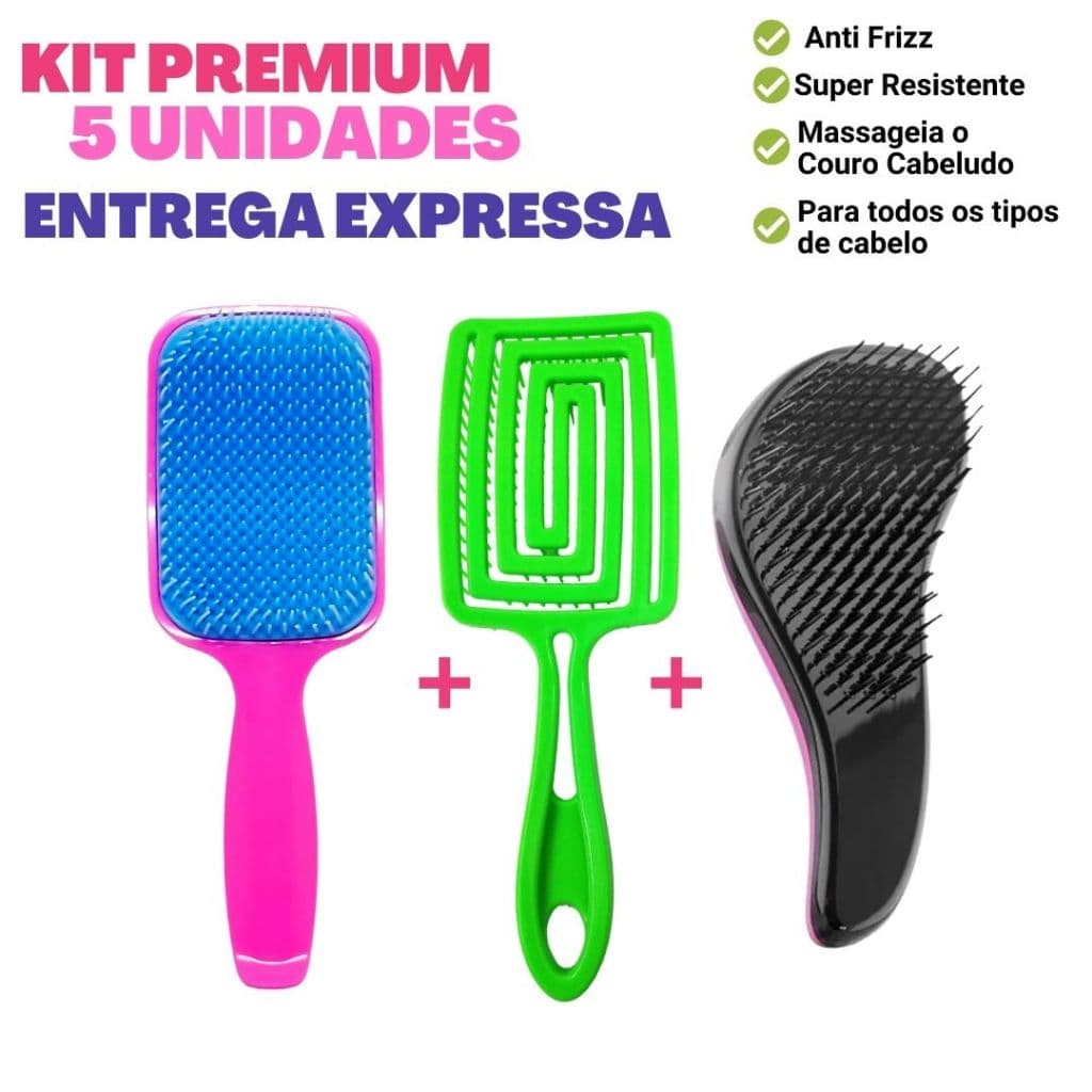 Kit 5 Combo Premium ( 1- Escova Raquete Flex, 1- Raq Desembaraçar, 1- Mágica )