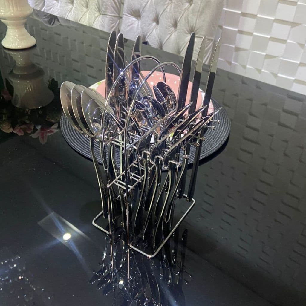 Talheres de Aço Inox 24 Peças  Prata Garfo e Colher e Faca Faqueiro Jogo De Talheres Inox Mesa Posta