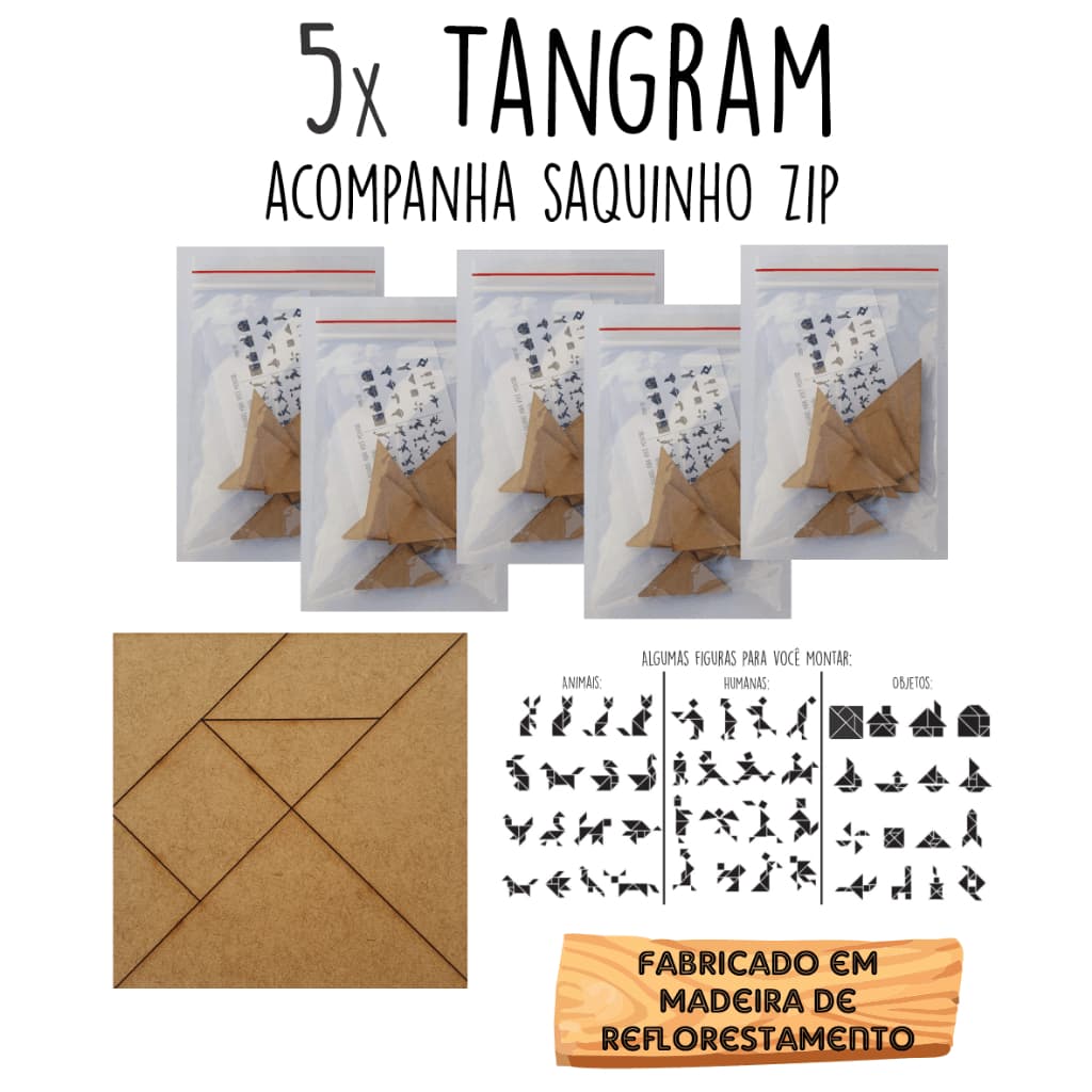 5 Tangram em Madeira MDF 10cm - Quebra cabeça geométrico / forme figuras / brinquedo pedagógico / brinquedo de madeira