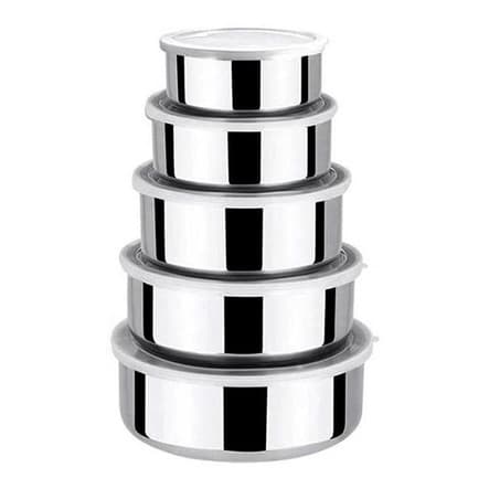 Kit Jogo 5 Potes Tigela Aço Inox Alumínio Cozinha Com Tampa Silicone Hermético Redondo Resistente