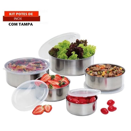 Kit Jogo 5 Potes Tigela Aço Inox Alumínio Cozinha Com Tampa Silicone Hermético Redondo Resistente